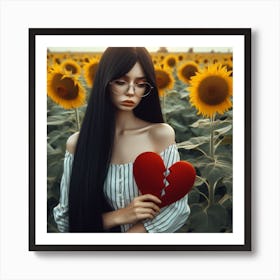 Sunflower Girl Holding A Broken Heart Art Print