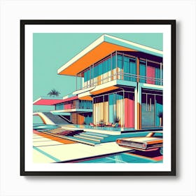 Graphic Illustration Of Mid Century Architecture With Sleek Lines And Vibrant Colors, Style Graphic Design 1 Art Print