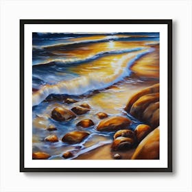 The sea. Beach waves. Beach sand and rocks. Sunset over the sea. Oil on canvas artwork.40 Art Print