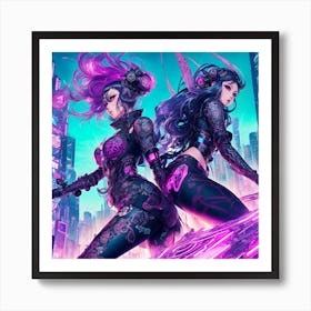 Two Women In A Futuristic City Art Print