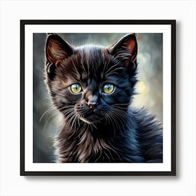 Black Kitten Digital Watercolor Portrait Art Print