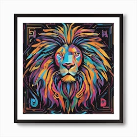 An Image Of A Lion With Letters On A Black Background, In The Style Of Bold Lines, Vivid Colors, Gra (1) Art Print