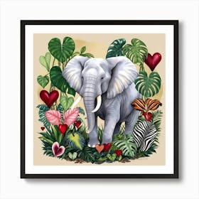 Elephant and Hearts Art Print