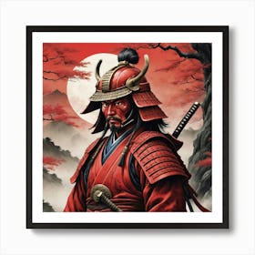 Lonely Japanese Red Samurai Warrior Art Print 1 Art Print