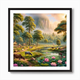 Picturesque And Serene View Of The Vrindavan Forest, Enhanced With The Addition Of Cows And Calves Art Print