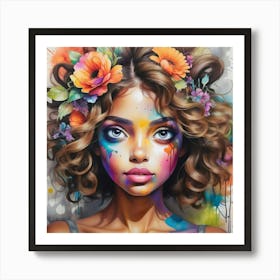 Colorful Girl With Flowers Art Print