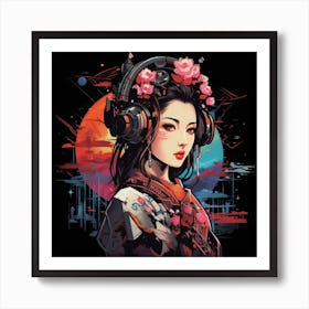 Asian Girl With Headphones Art Print