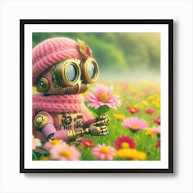 Pink Robot In A Field Of Flowers Art Print