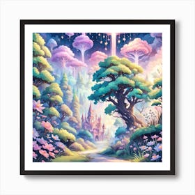 A Fantasy Forest With Twinkling Stars In Pastel Tone Square Composition 357 Art Print