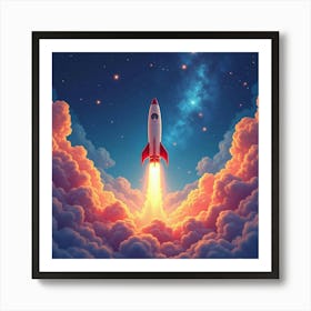 Rocket Amidst A Watercolor Vibrant Cosmic Panorama 1 Art Print