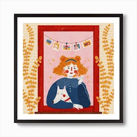 Girl With Her Dog Square Art Print