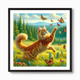 Cat Playing With Butterflies Art Print