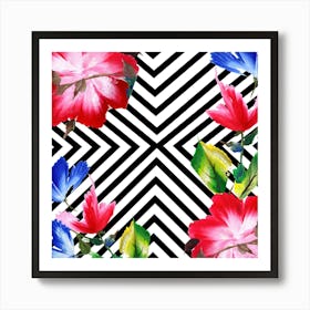 Hibiscus Flowers On Striped Background Art Print