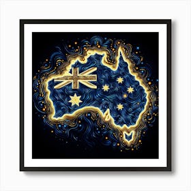 Australia Map Gold And Blue Art Print