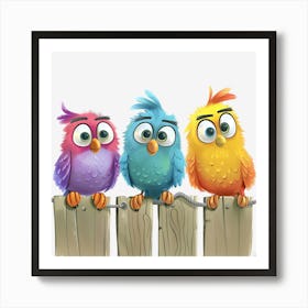 Three Colorful Birds On A Fence Art Print