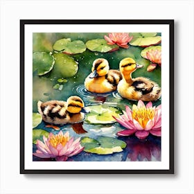 A Cute Little Ducks In The Water Art Print