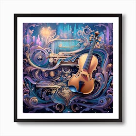 Violin On The Night Sky Art Print