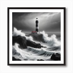 A Monochromatic Seascape Featuring A Rugged Coastline And A Solitary Lighthouse Standing Tall Against The Crashing Waves Art Print