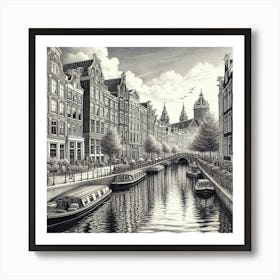 A Serene Amsterdam Canal Scene Captured In A Realistic Pen And Ink Drawing, Style Realism 1 Art Print