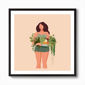 Bloom Body Art Girl And Plants Pink Art Print