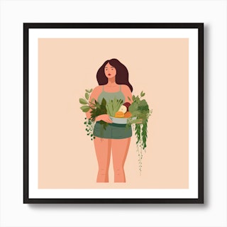 Bloom Body Art Girl And Plants Pink Art Print