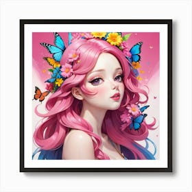 Pink Haired Girl With Butterflies 1 Art Print