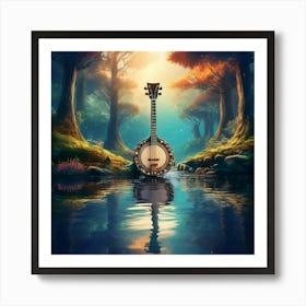 Firefly Banjo, Water, Enchanted, Forest, Kaleidoscope, Colors, Magical, Nature, Music, Instrument, F (27) Art Print