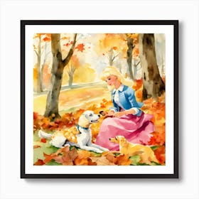 Watercolor Of A Girl And Her Dog Art Print