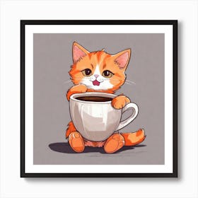 Cute Orange Kitten Loves Coffee Square Composition 26 Póster