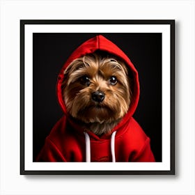 A Yorkie Wearing a Red Hooded sweatshirt Art Print