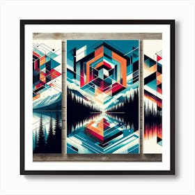 Geometric Nature Art: This artwork is inspired by the beauty and harmony of nature and geometry. The artwork uses simple shapes and patterns to create a complex and elegant composition of different natural elements, such as mountains, trees, rivers, and stars. The artwork also has a contrast between warm and cool colors, creating a balance and a dynamic effect. This artwork is ideal for anyone who appreciates nature and art, and it can be placed in a study, office, or library. Art Print