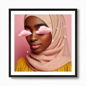 A beautiful young woman of color wearing a hijab and has clouds over her eyes. The background is pink, and there are stars on her hijab. She is wearing a yellow shirt. The image is soft and dreamy. Art Print