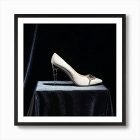 Ladies Shoe Bathed In Alabaster Positioned Against A Black Velvet Backdrop Emphasizing Its Silhoue Art Print