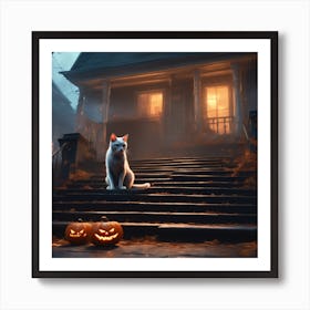 Halloween Cat On Steps 4 Art Print