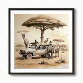 Giraffes And Elephants Art Print