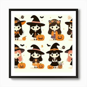 Cute Halloween Vintage Witches - Vector style Illustration Art Print