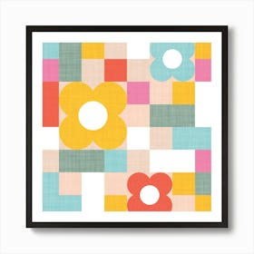 Retro Geo Summer Playful 70s floral and Checks in Rainbow Pastels Art Print