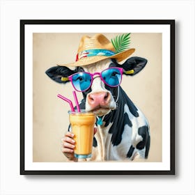 Cow In Sunglasses And Straw Hat Art Print