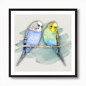 Two cute budgies watercolor. Cute pet birds Art Print