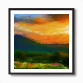 Green hills and orange sunset Art Print