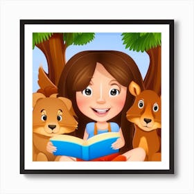 Girl Reading A Book With Animals Art Print