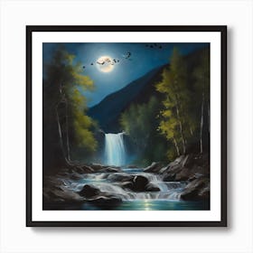 Moonlight Over Waterfall oil style Art Print