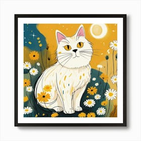 White Cat In Daisies Art Print