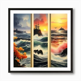 hree different vertical panels, ocean sea ⛵ ships 7 Art Print