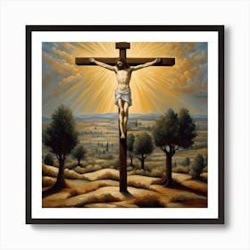 A Biblically Inspired Painting Of Jesus Crucifixion The Central Figure Standing Tall Against A Som 466855030 Art Print