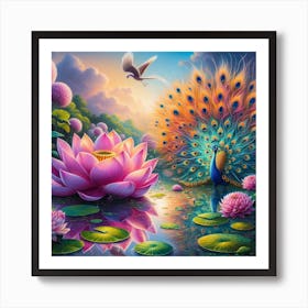 Peacock And Lotus Art Print