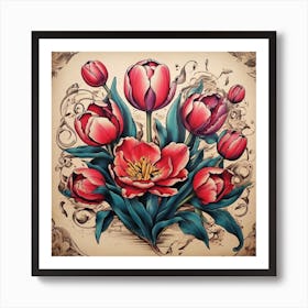 Tattoo Tulips, Old School Style Art Print