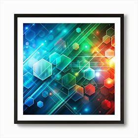 An abstract digital background with geometric shapes, lines, and vibrant colors. Art Print