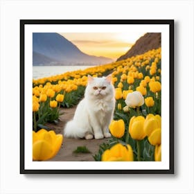 White Cat in Tulips Garden Art Print