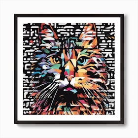 An Image Of A Cat With Letters On A Black Background, In The Style Of Bold Lines, Vivid Colors, Grap (12) Art Print